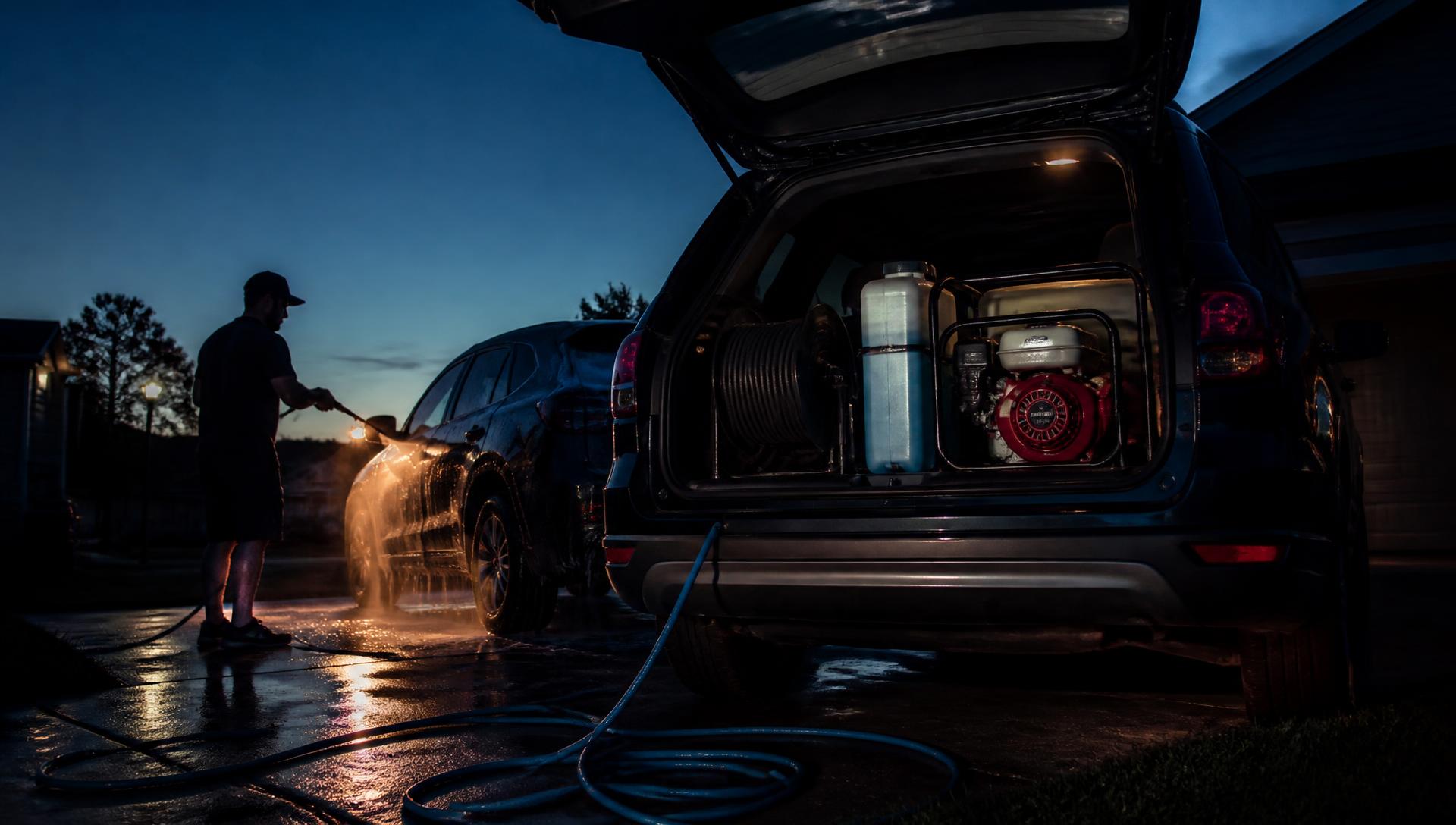 Mobile auto detailing setup with pressure washer and water tank in an SUV at dusk