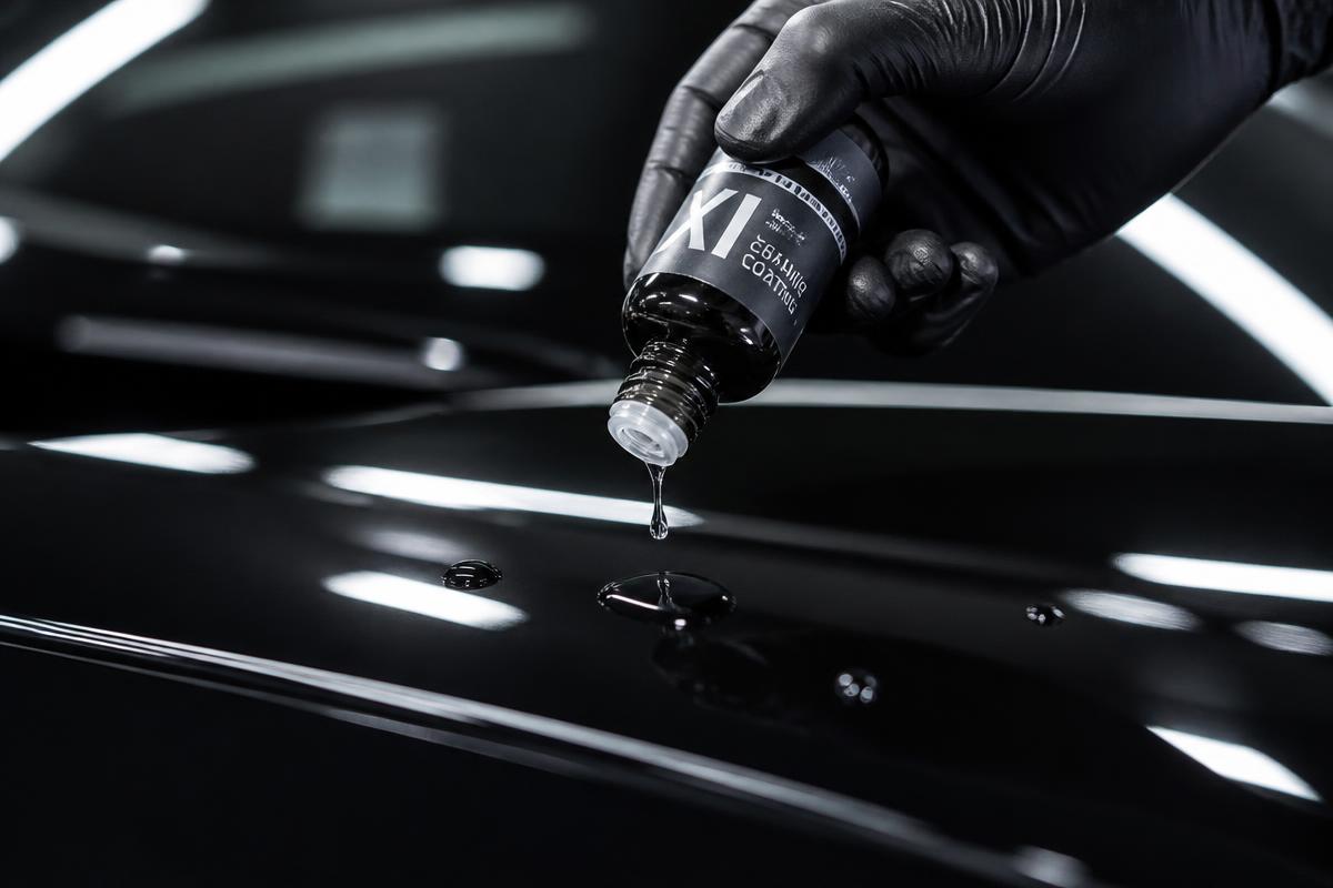 Ceramic coating being applied to glossy black car paint