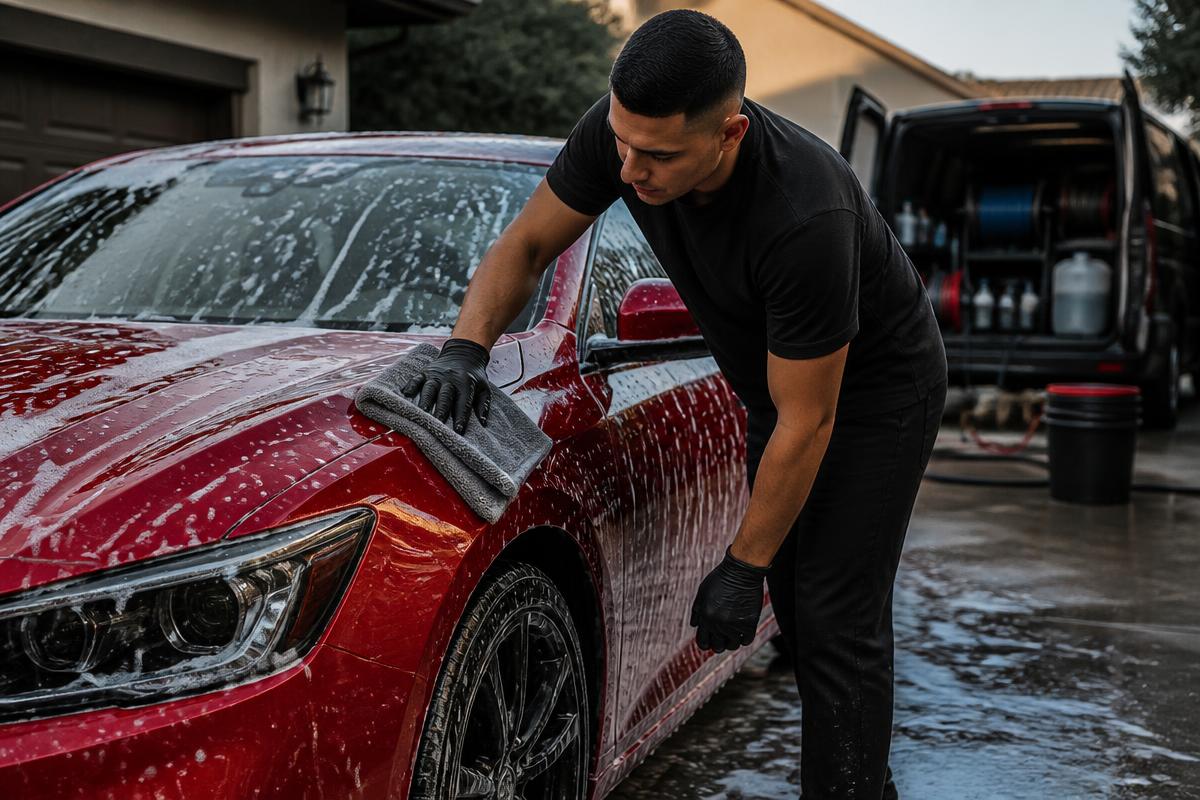 Detailer hand washing a red car covered in foam in a driveway