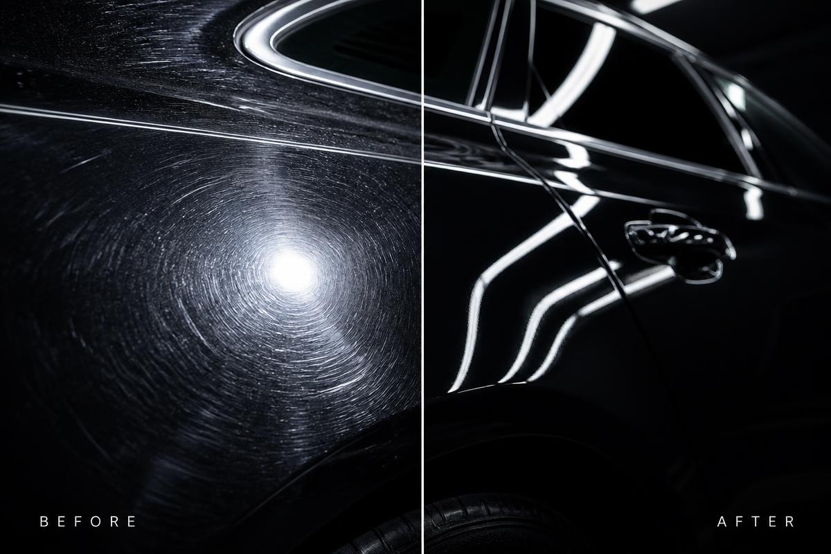 Before and after paint correction on dark car paint